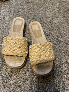 Dolce Vita Tan Braided Slide Sandals with Pearl Studs